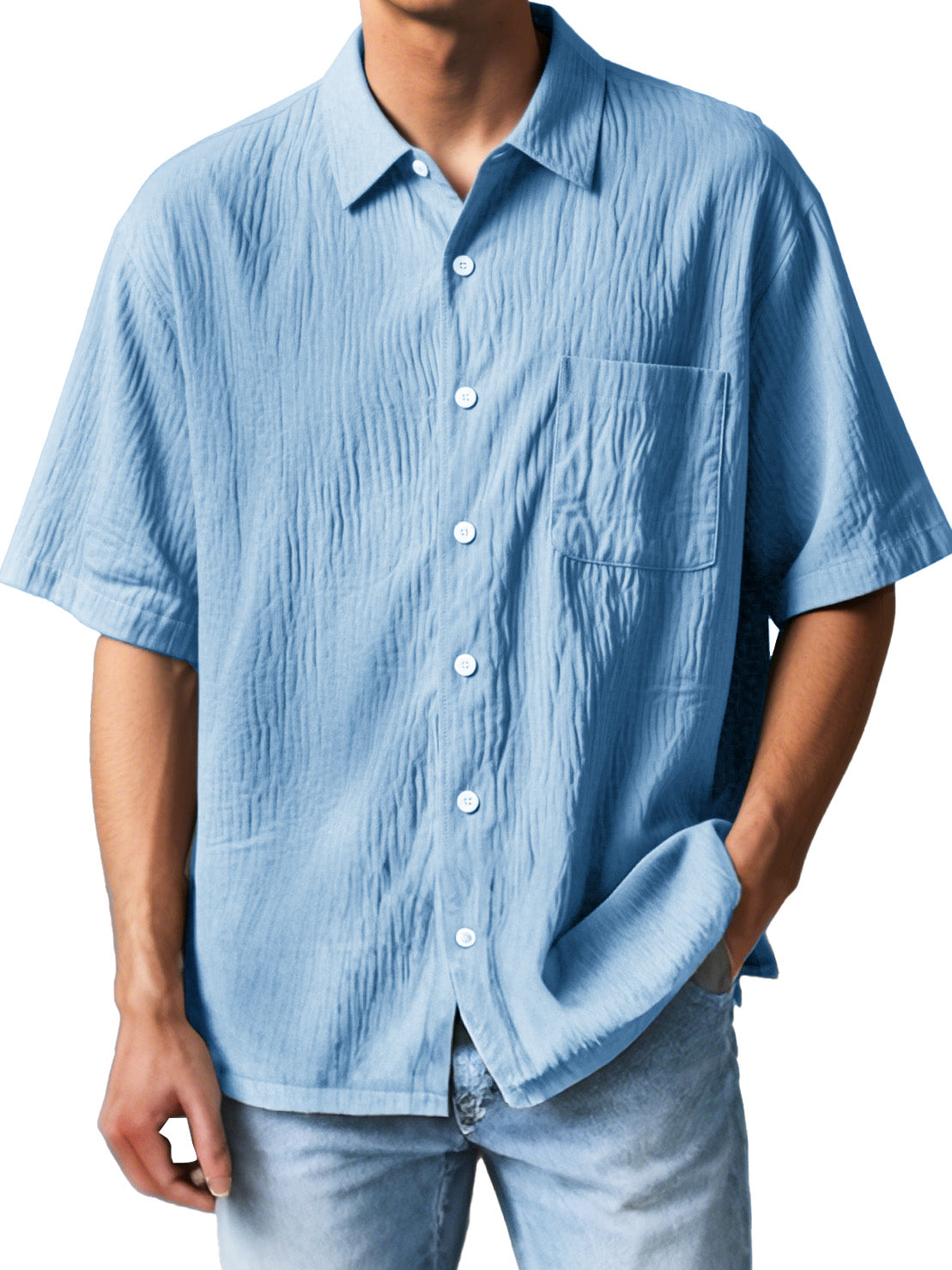 Men's Fashion Casual Textured Fabric Short-sleeved Lapel Pocket Shirt