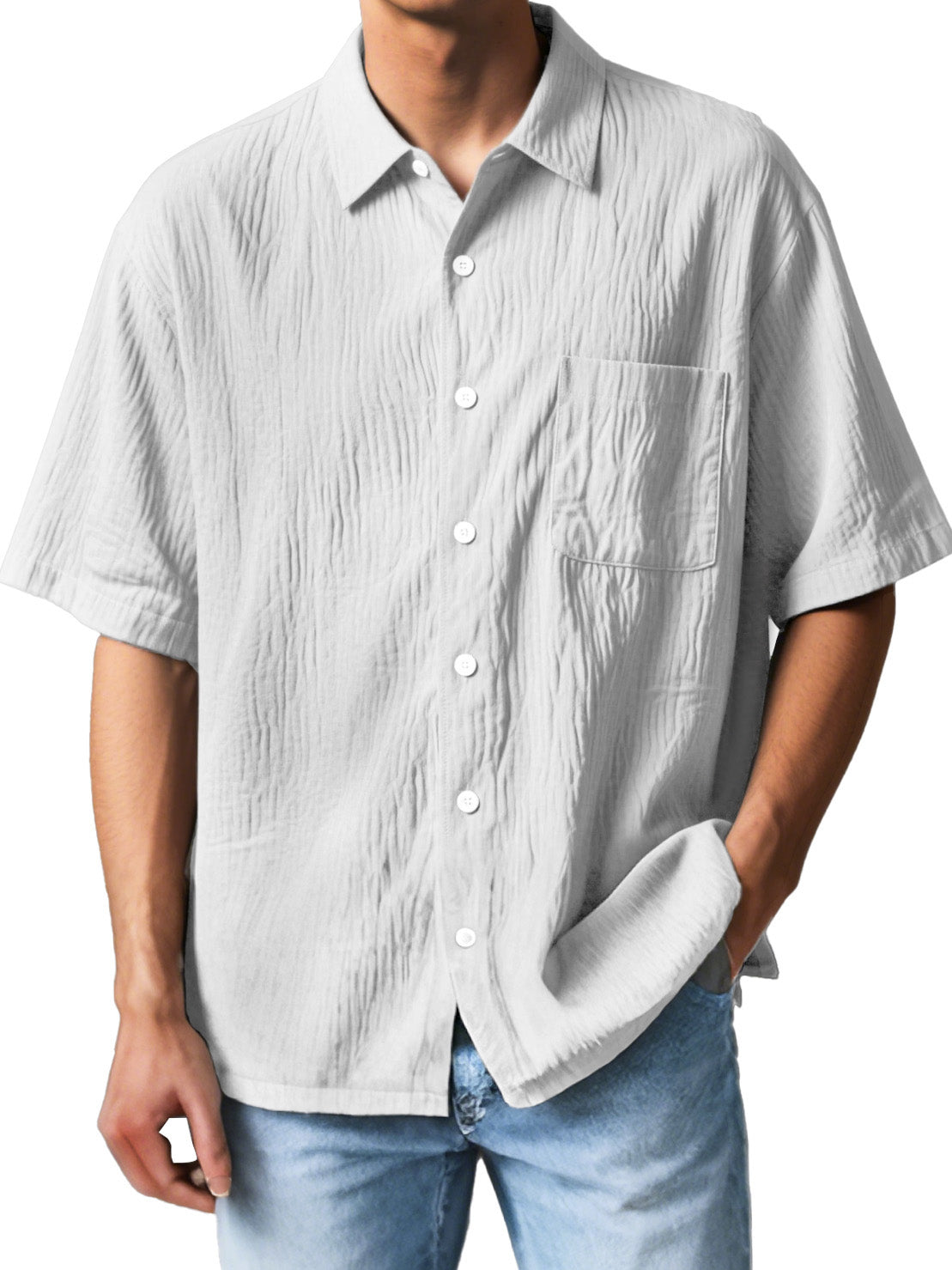 Men's Fashion Casual Textured Fabric Short-sleeved Lapel Pocket Shirt