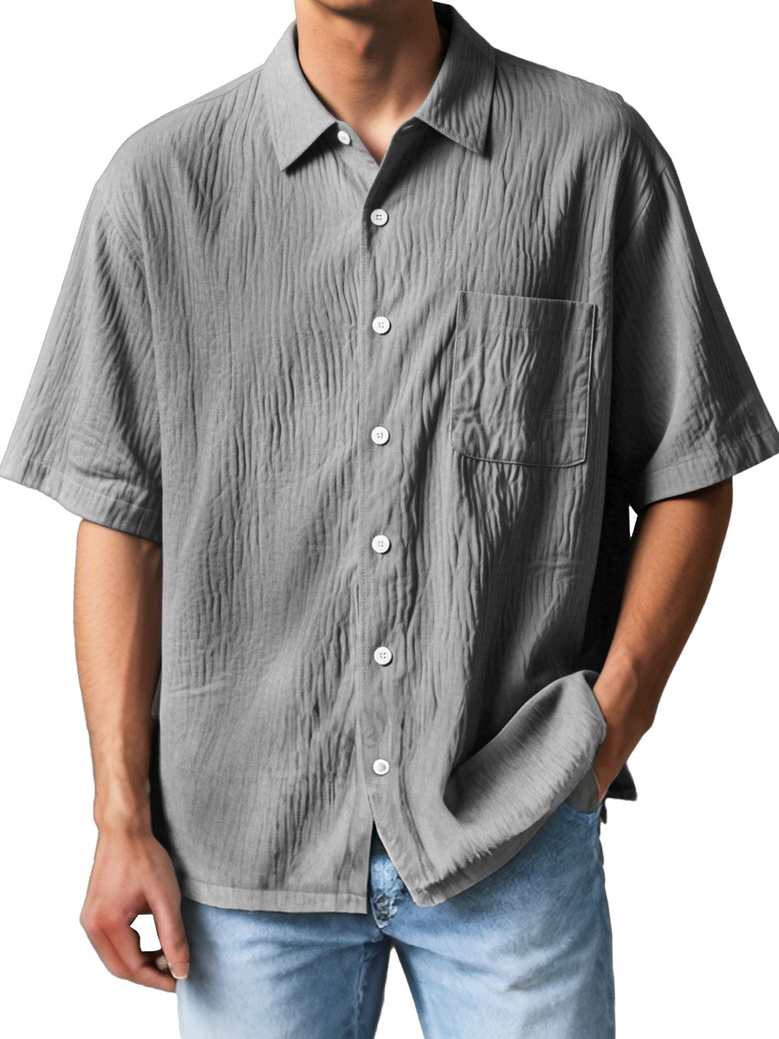 Men's Fashion Casual Textured Fabric Short-sleeved Lapel Pocket Shirt