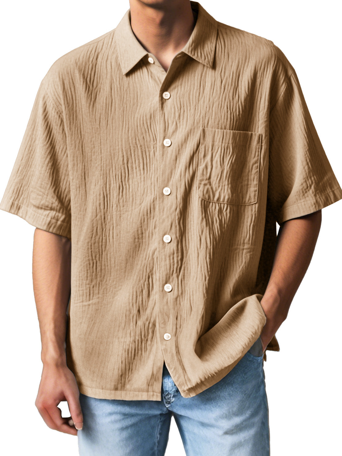Men's Fashion Casual Textured Fabric Short-sleeved Lapel Pocket Shirt