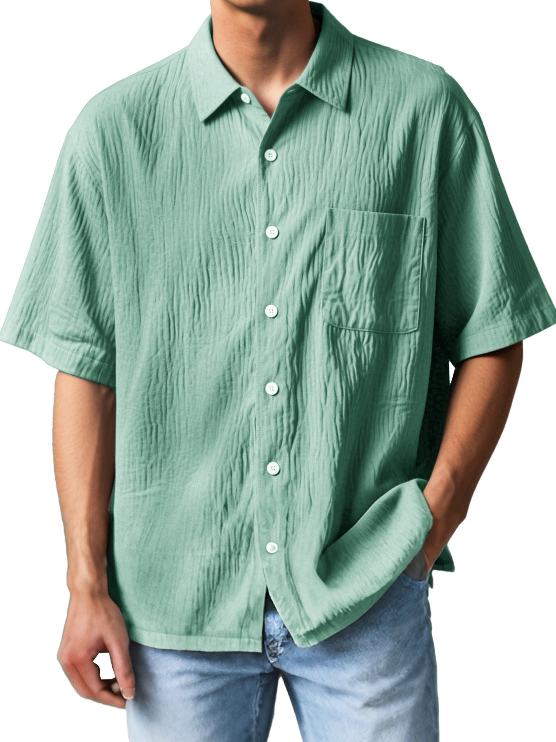 Men's Fashion Casual Textured Fabric Short-sleeved Lapel Pocket Shirt