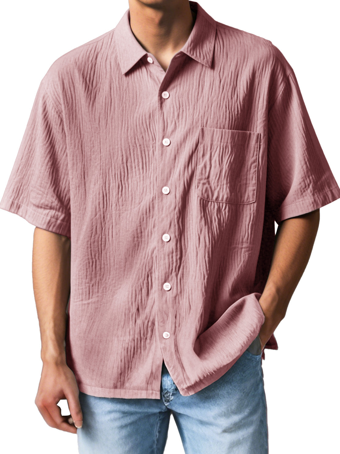 Men's Fashion Casual Textured Fabric Short-sleeved Lapel Pocket Shirt