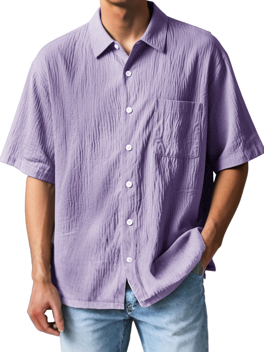 Men's Fashion Casual Textured Fabric Short-sleeved Lapel Pocket Shirt