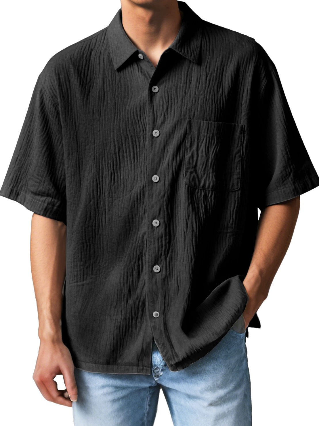 Men's Fashion Casual Textured Fabric Short-sleeved Lapel Pocket Shirt