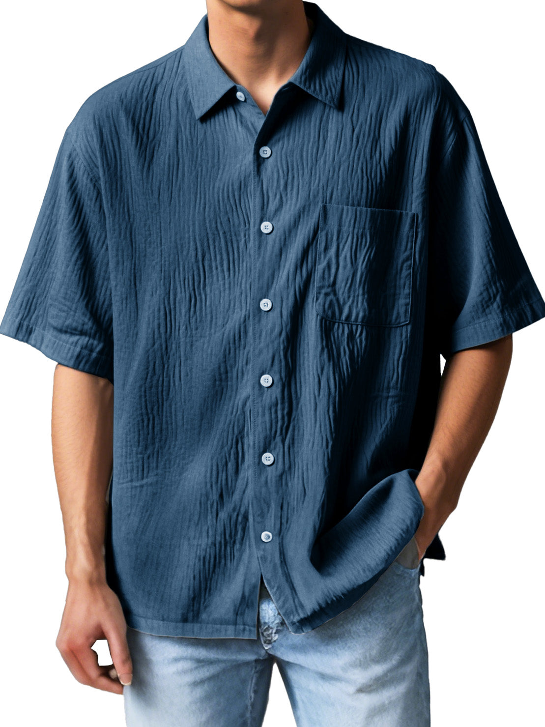 Men's Fashion Casual Textured Fabric Short-sleeved Lapel Pocket Shirt